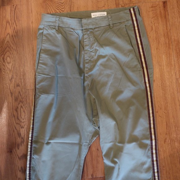 *Womens Nili Lotan Olive Green Tape Trim Drop Crotch Flat Front Paris Pants 2 - Picture 7 of 11